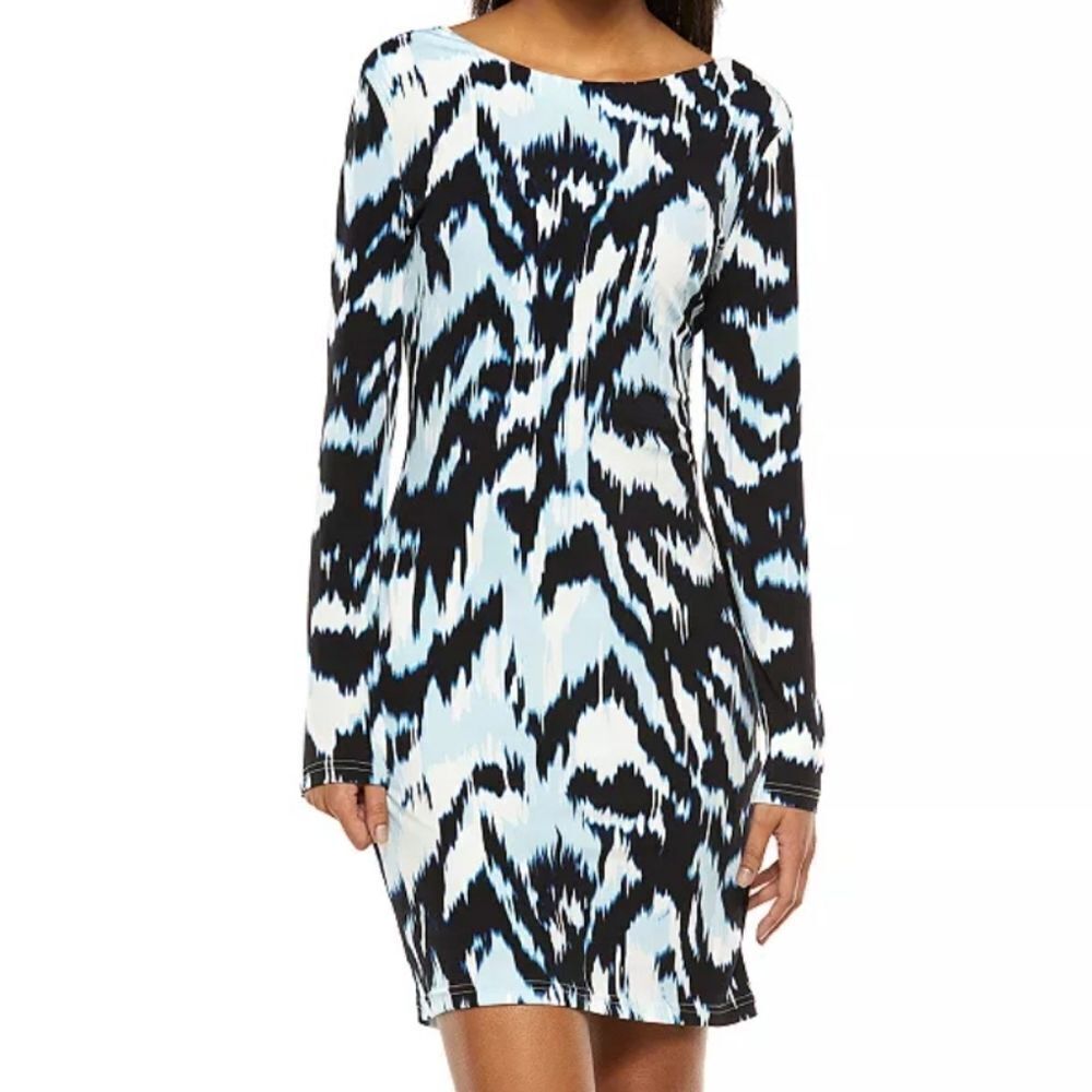 Jennifer Lopez Black, White and Blue Patterned Dress. Ikat Look. Sheath.
